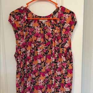 LOFT Vibrant Floral Cap Sleeve Blouse - Pink and Orange